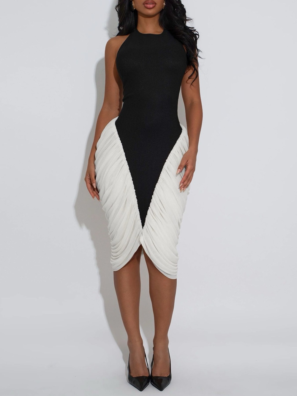 Two-Tone Sleeveless Ruched Midi Dress